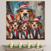 Beagle Mom and Three Puppies in Star-Spangled Outfits and Hats – Patriotic Dog Family Oil Painting Wall Art on Ready to Hang 1.5" Thick Canvas Wrap, Floating Framed Canvas, Flat Rolled Canvas